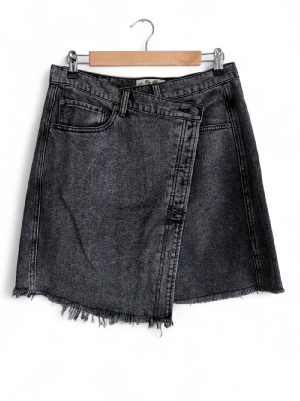 We The Free Black Wash Denim Wrap Front Mini Pencil Skirt Size 30